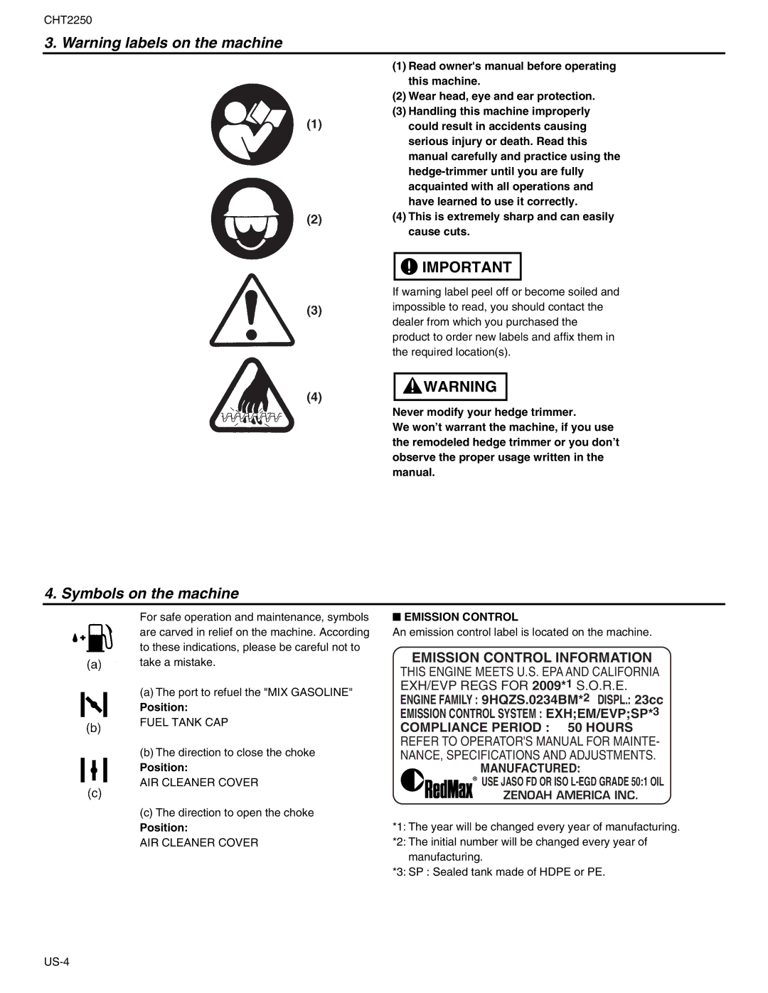 RedMax CHT2250 manual Symbols on the machine, Position, Emission Control 