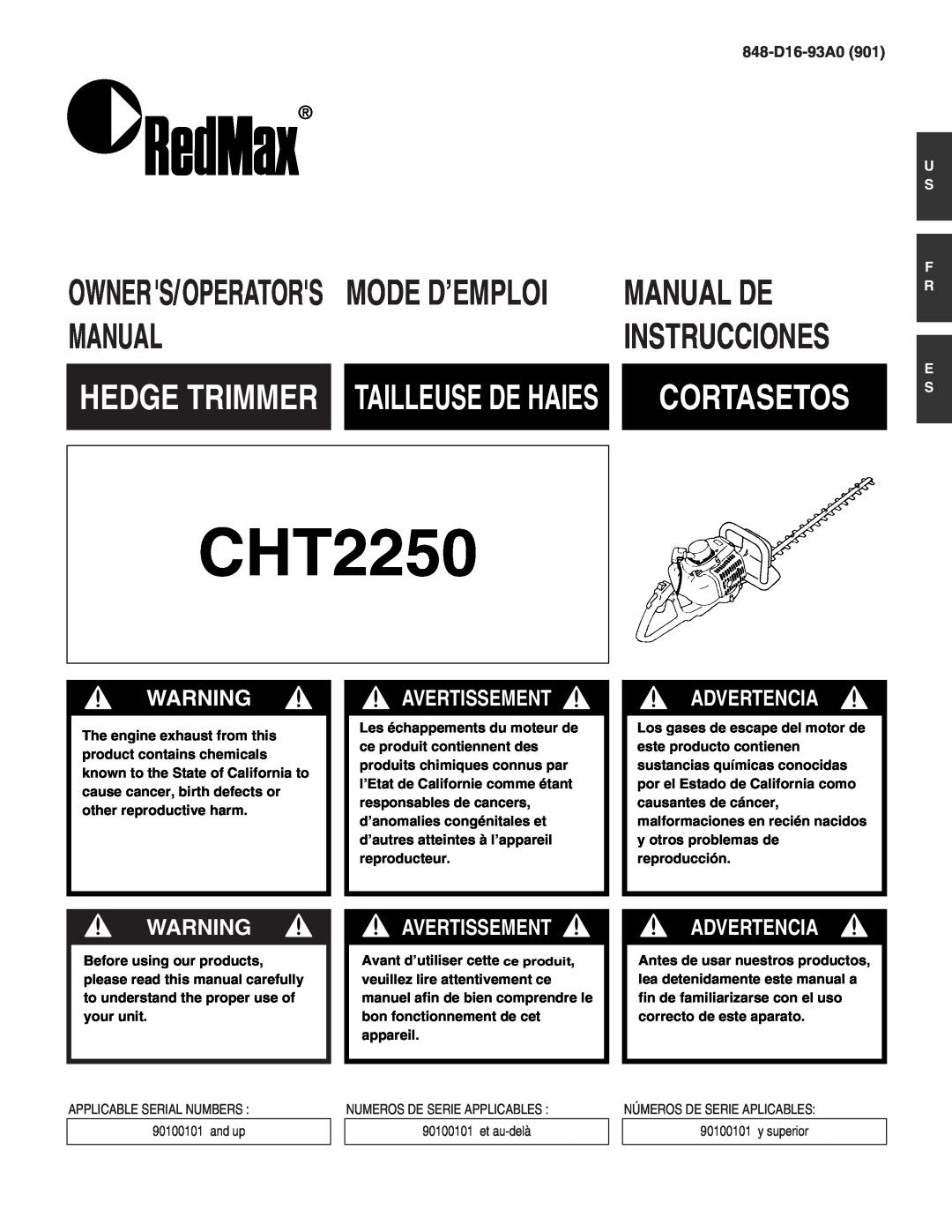 RedMax CHT2250 manual Manual De, Cortasetos, Hedge Trimmer, Tailleuse De Haies, Avertissement, Advertencia, 848-D16-93A0 