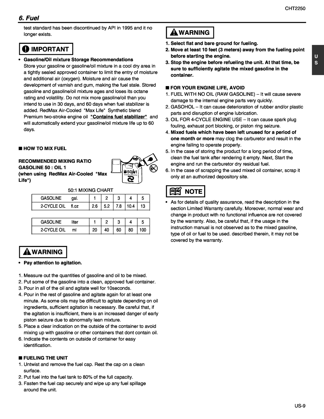 RedMax CHT2250 manual Fuel, Gasoline/Oil mixture Storage Recommendations 