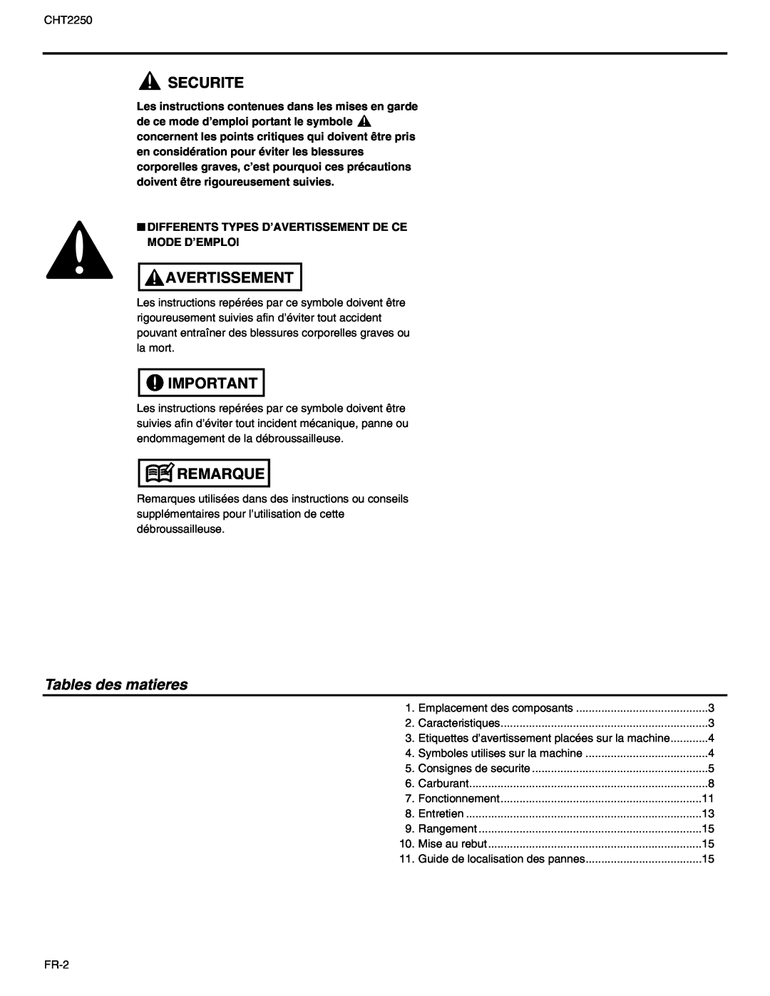 RedMax CHT2250 manual Securite, Avertissement, Remarque, Tables des matieres 