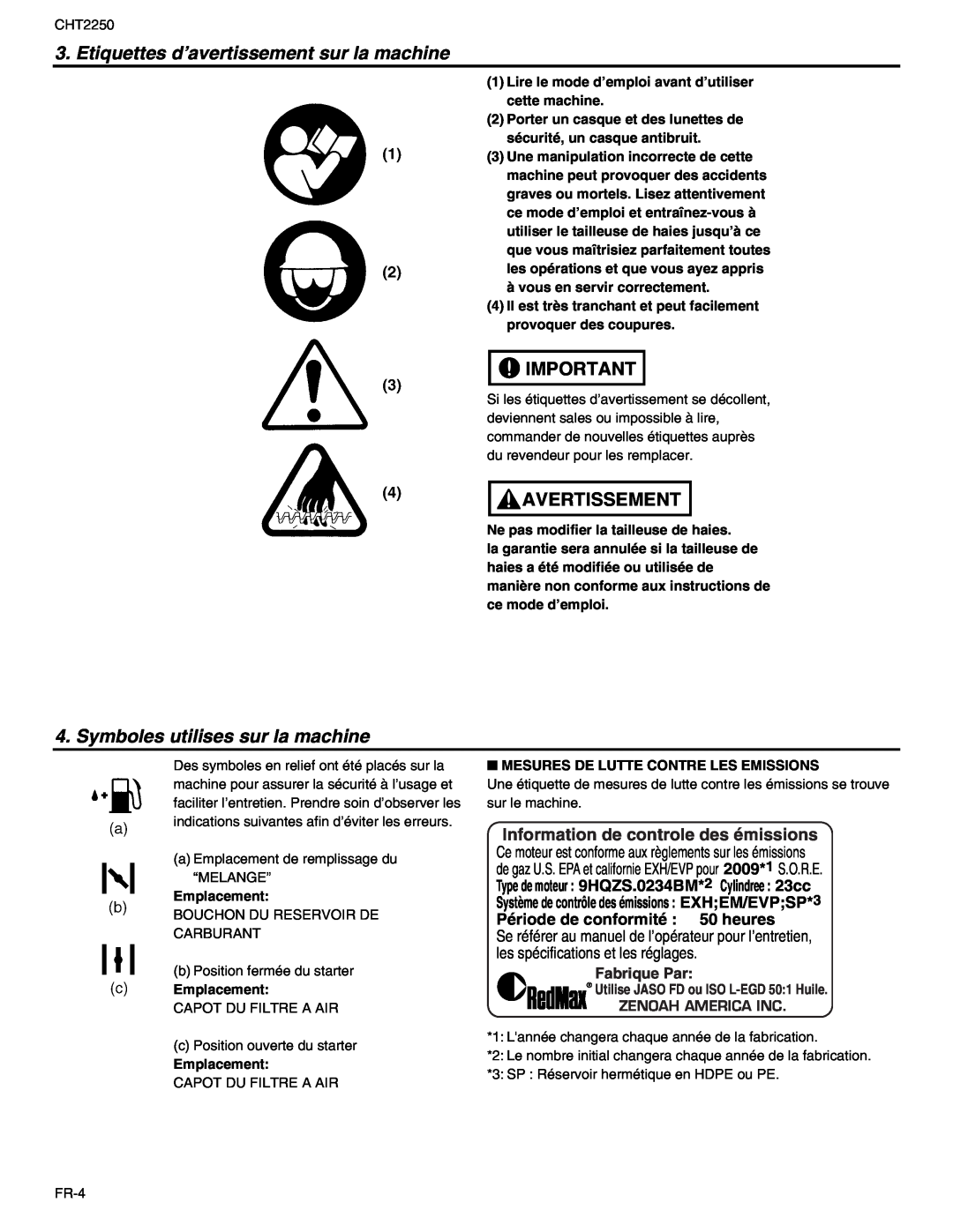 RedMax CHT2250 Etiquettes d’avertissement sur la machine, Symboles utilises sur la machine, Fabrique Par, Avertissement 