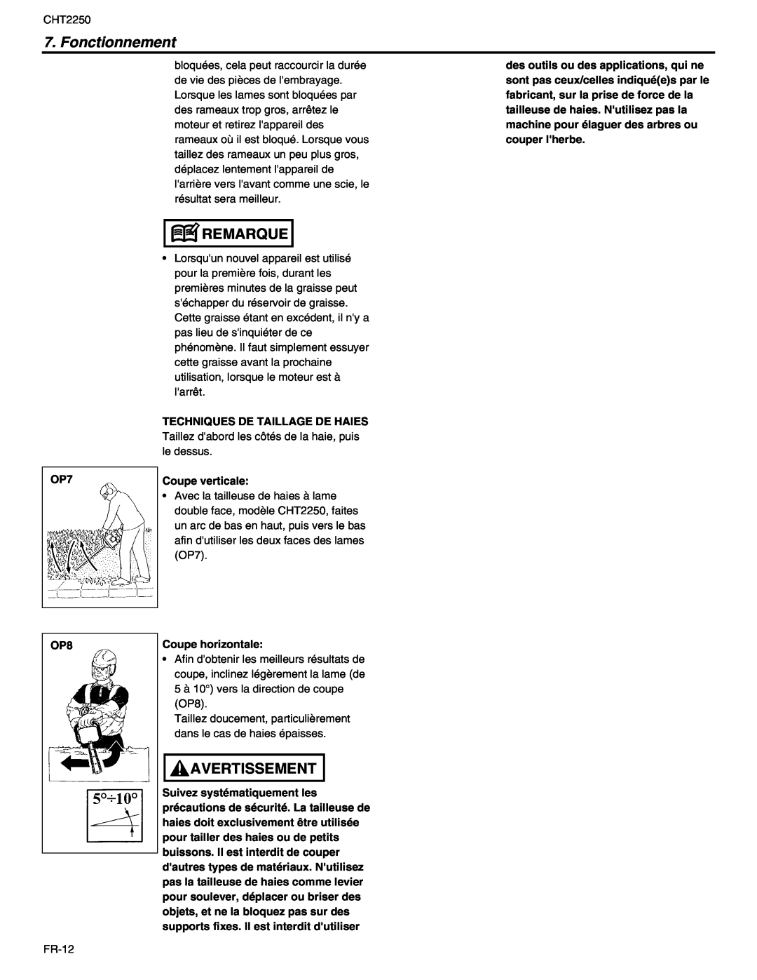 RedMax CHT2250 manual Fonctionnement, Remarque, Avertissement 