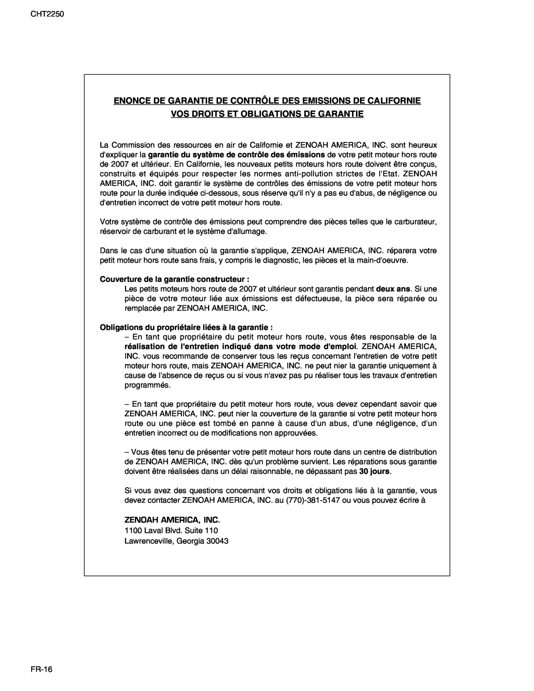 RedMax CHT2250 manual Enonce De Garantie De Contrôle Des Emissions De Californie, Vos Droits Et Obligations De Garantie 