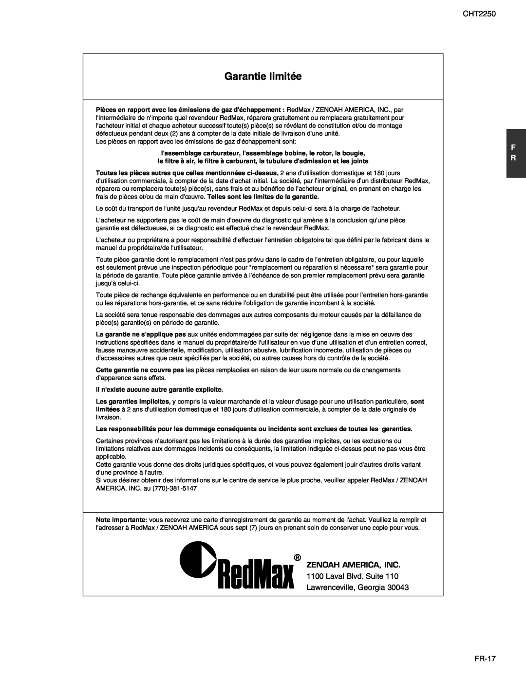 RedMax CHT2250 manual Garantie limitée, Zenoah America, Inc 