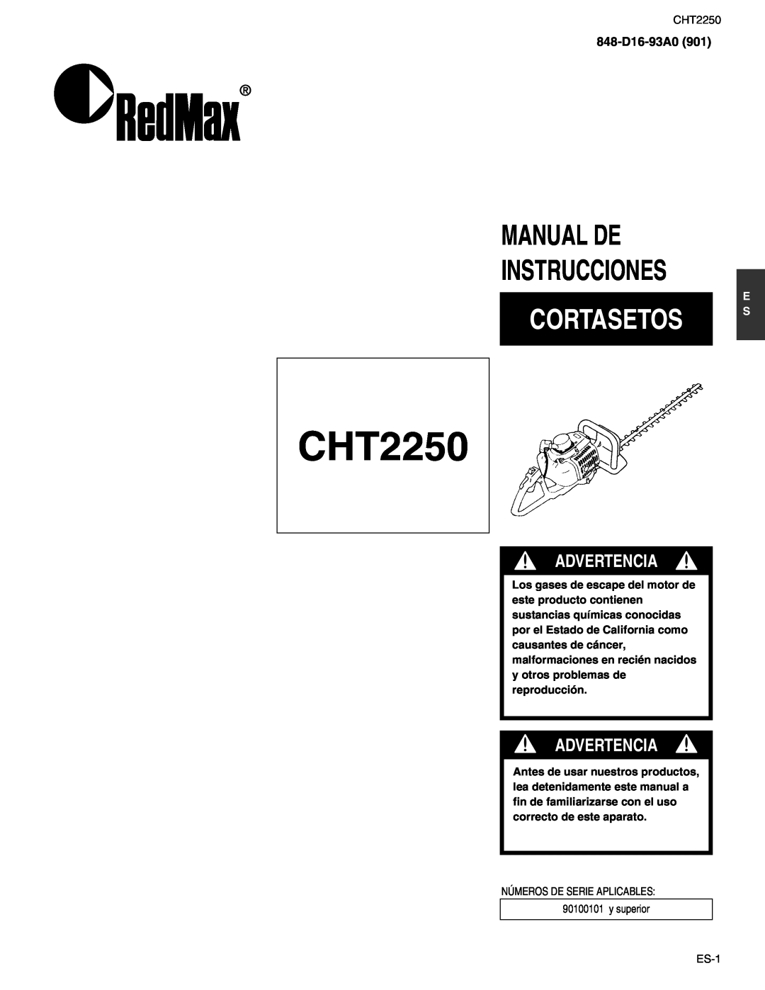 RedMax CHT2250 manual Manual De Instrucciones, Cortasetos, Advertencia, 848-D16-93A0 