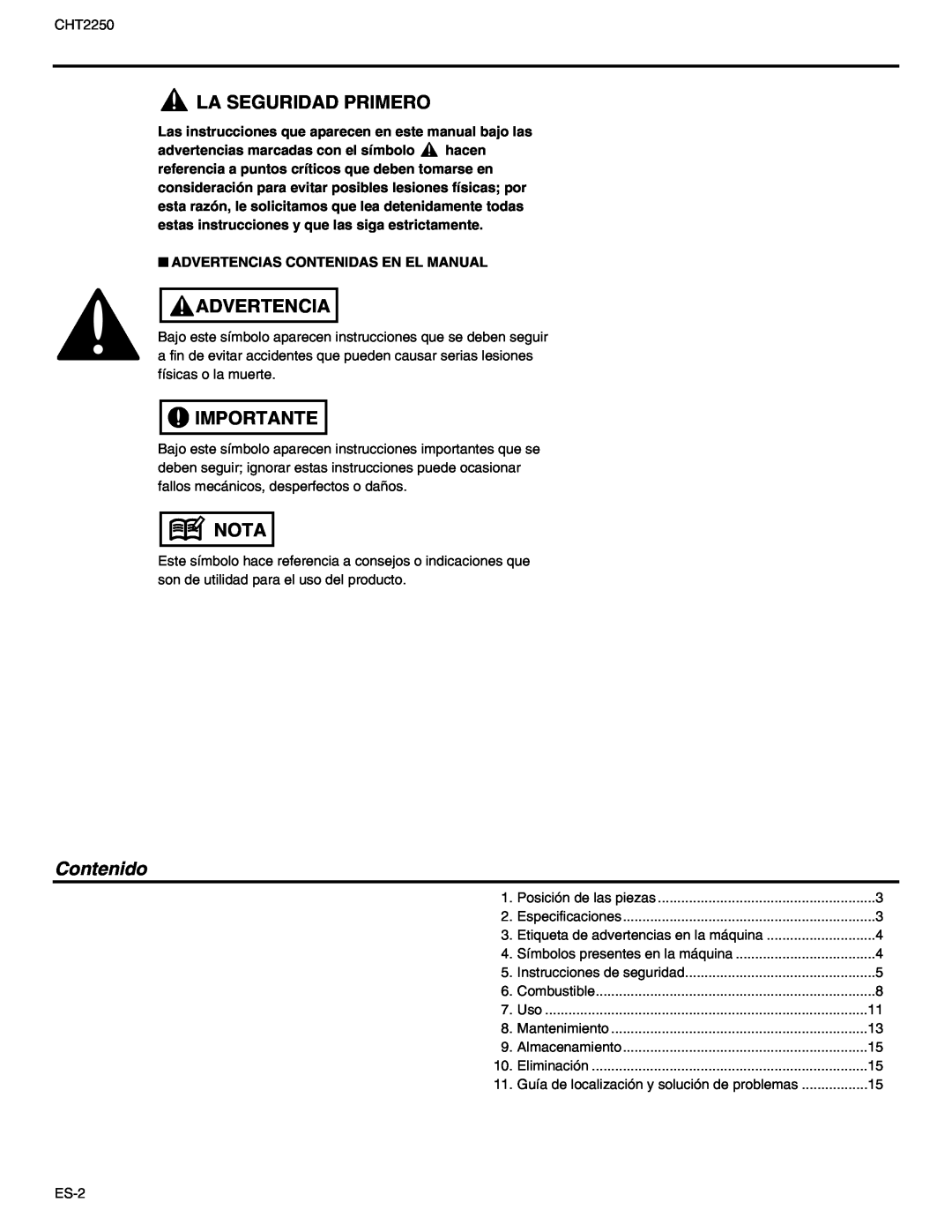 RedMax CHT2250 manual La Seguridad Primero, Advertencia, Importante, Nota, Contenido 