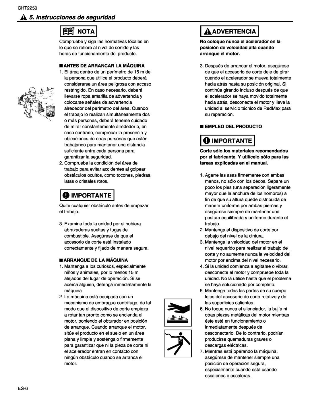 RedMax CHT2250 manual Instrucciones de seguridad, Nota, Importante, Advertencia 