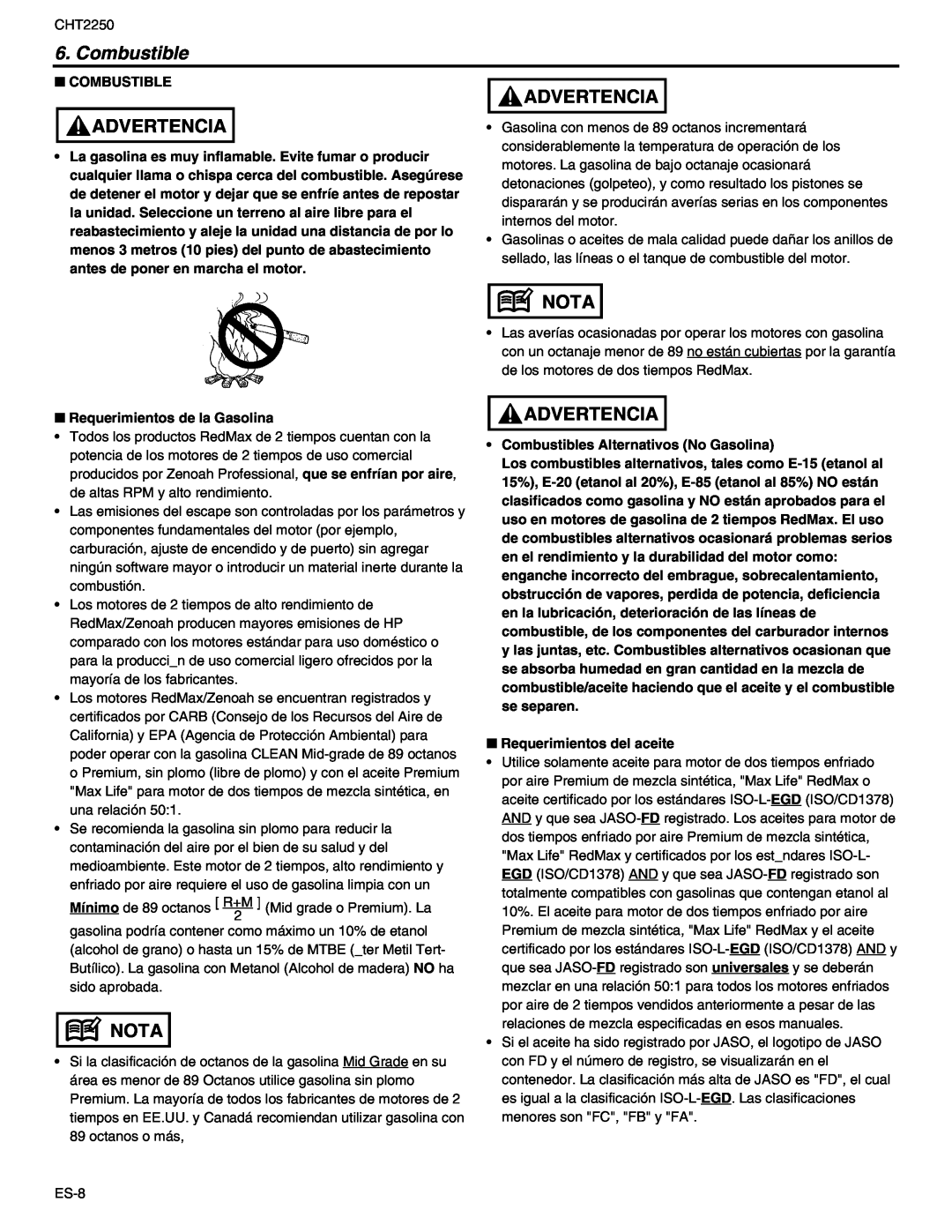 RedMax CHT2250 manual Combustible, Advertencia, Nota 
