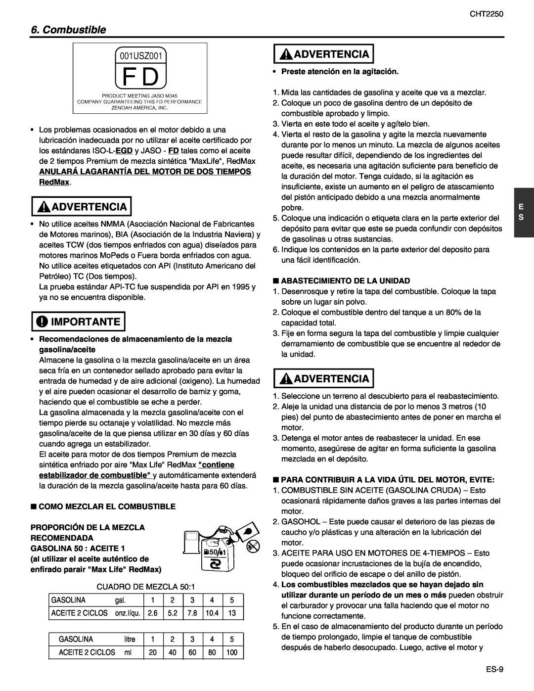 RedMax CHT2250 manual Combustible, Advertencia, Importante 