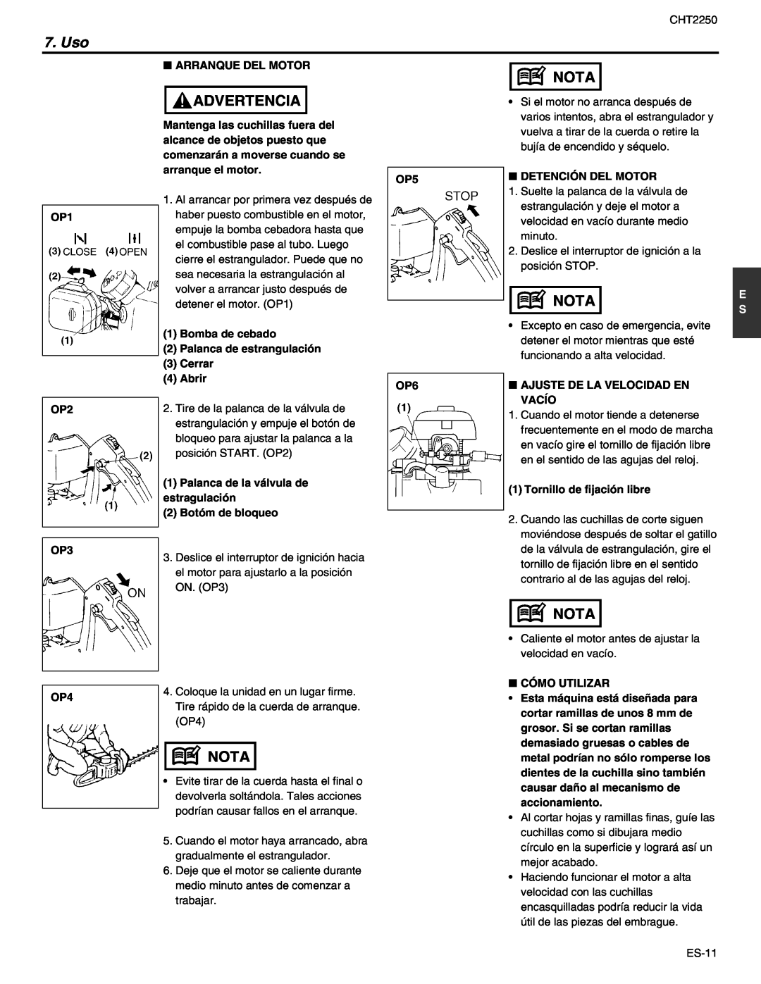 RedMax CHT2250 manual Uso, Advertencia, Nota 