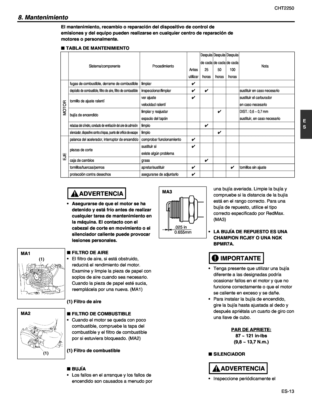RedMax CHT2250 manual Mantenimiento, Advertencia, Importante, asegurarse de adjuntarlo 