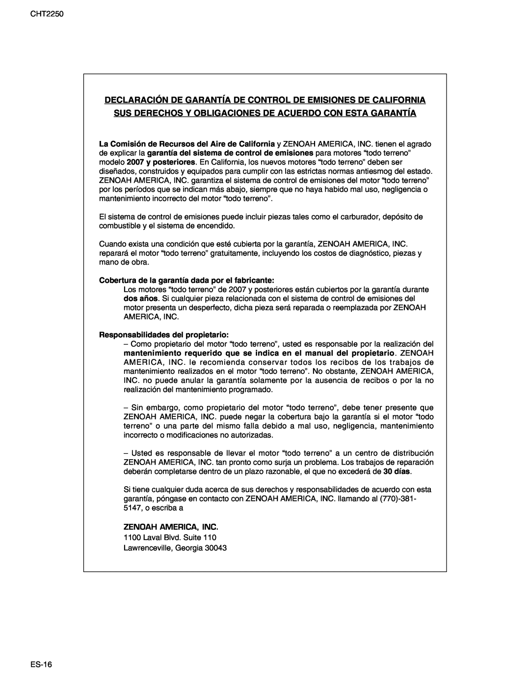 RedMax CHT2250 manual Declaración De Garantía De Control De Emisiones De California, Responsabilidades del propietario 