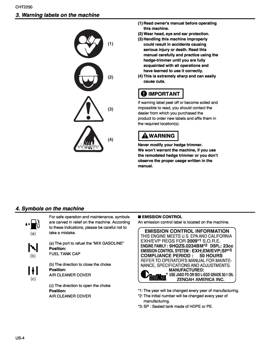 RedMax CHT2250 manual Warning labels on the machine, Symbols on the machine, Emission Control Information 