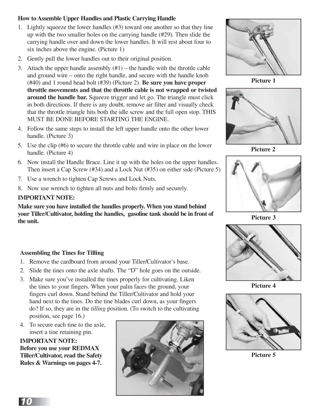 RedMax CV225 manual How to Assemble Upper Handles and Plastic Carrying Handle, Important Note 