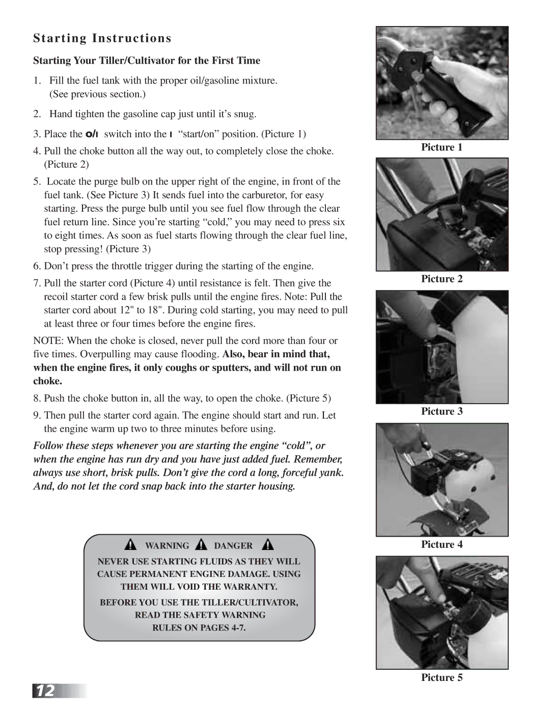 RedMax CV225 manual Starting Instructions, Starting Your Tiller/Cultivator for the First Time 