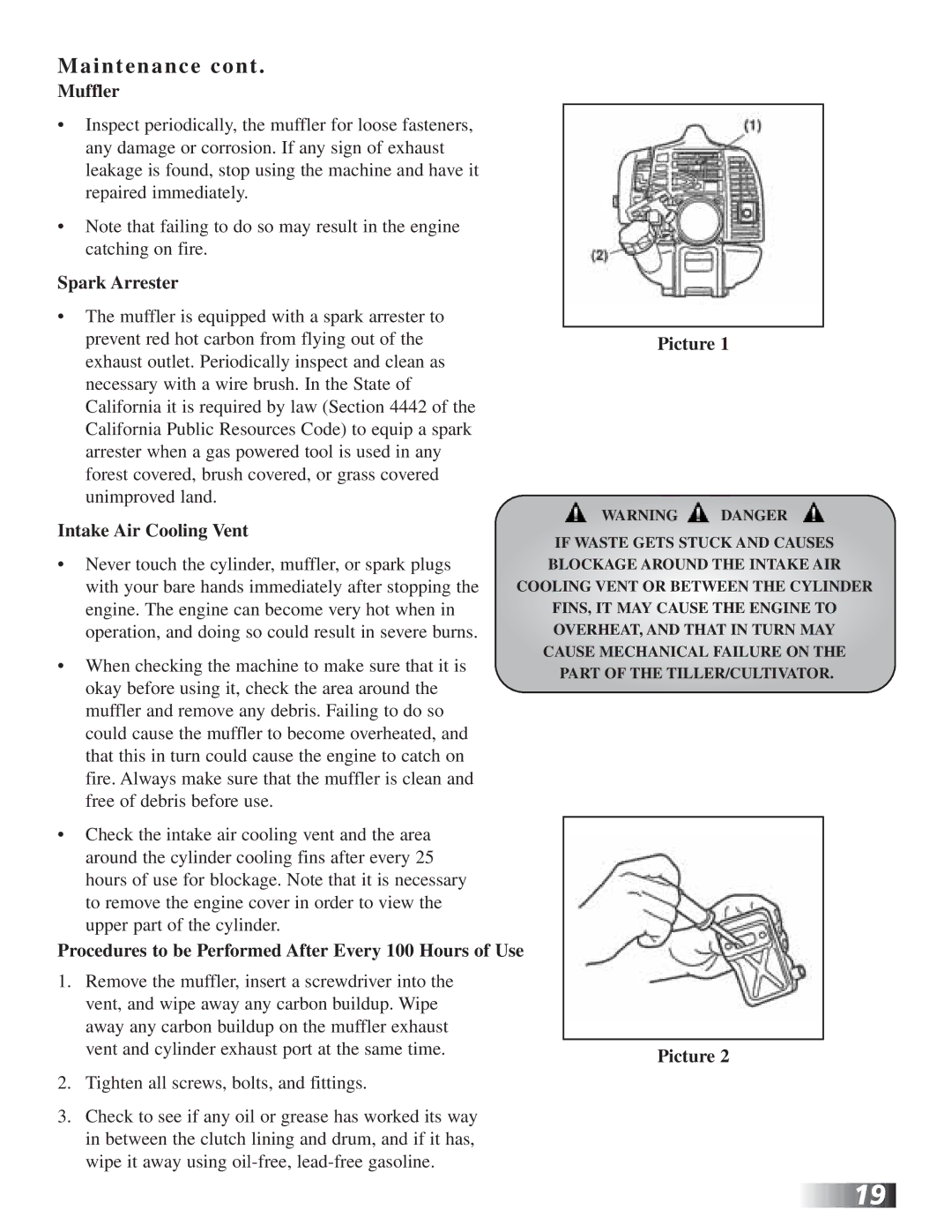 RedMax CV225 Muffler, Spark Arrester, Intake Air Cooling Vent, Procedures to be Performed After Every 100 Hours of Use 