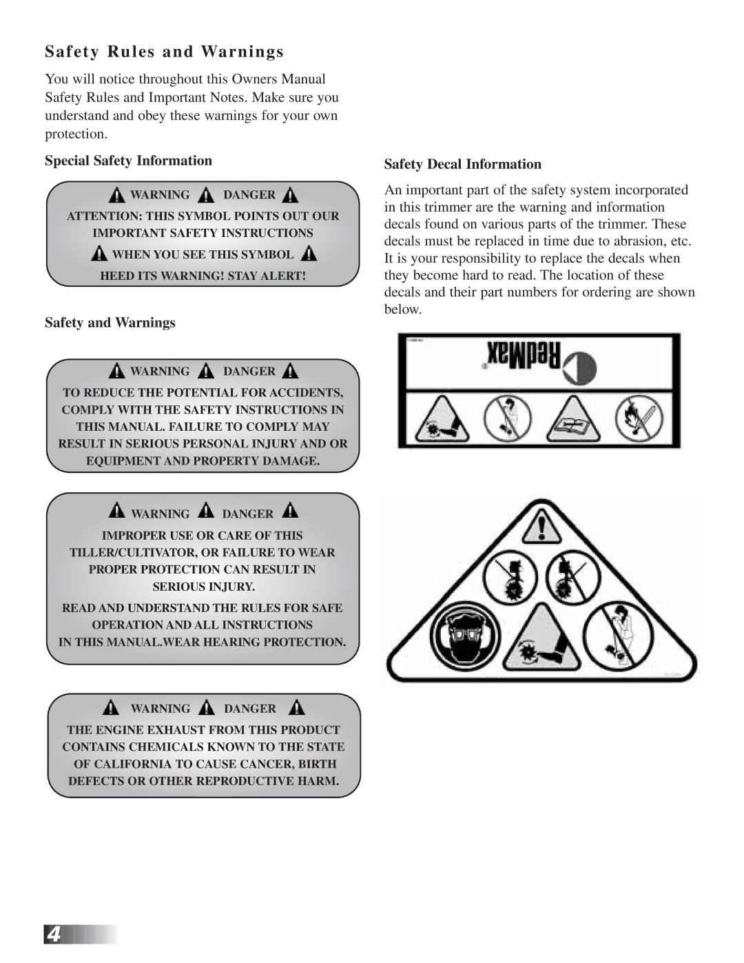 RedMax CV225 manual Safety Rules and Warnings, Special Safety Information, Safety and Warnings, Safety Decal Information 