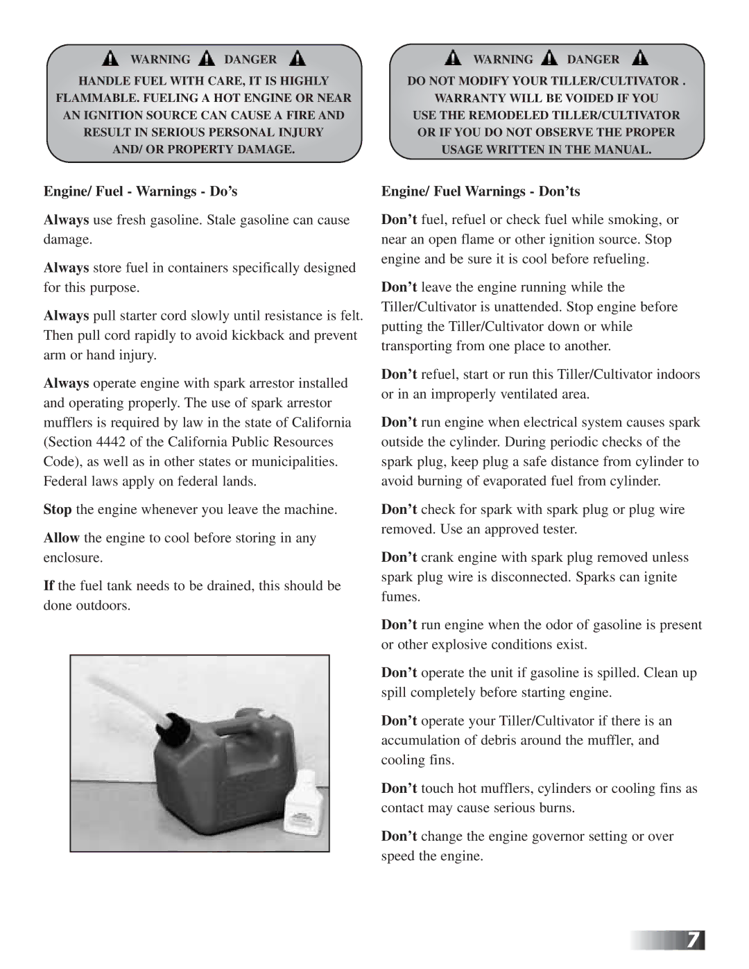 RedMax CV225 manual Engine/ Fuel Warnings Do’s, Engine/ Fuel Warnings Don’ts 