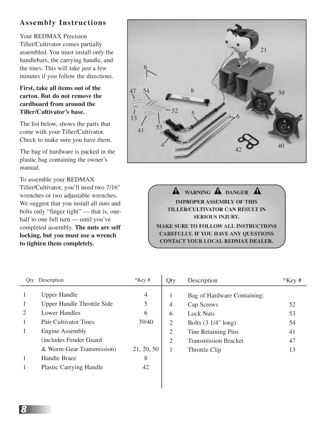 RedMax CV225 manual Assembly Instructions 