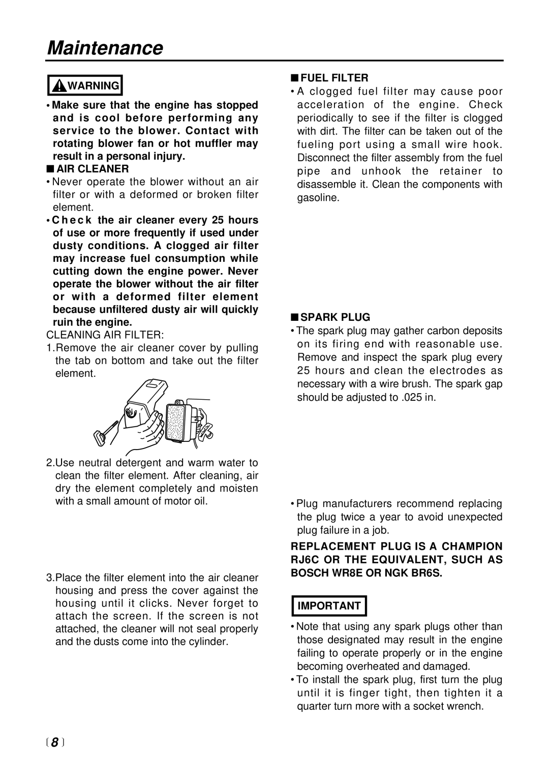 RedMax EB4300 manual Maintenance, AIR Cleaner, Fuel Filter, Spark Plug 