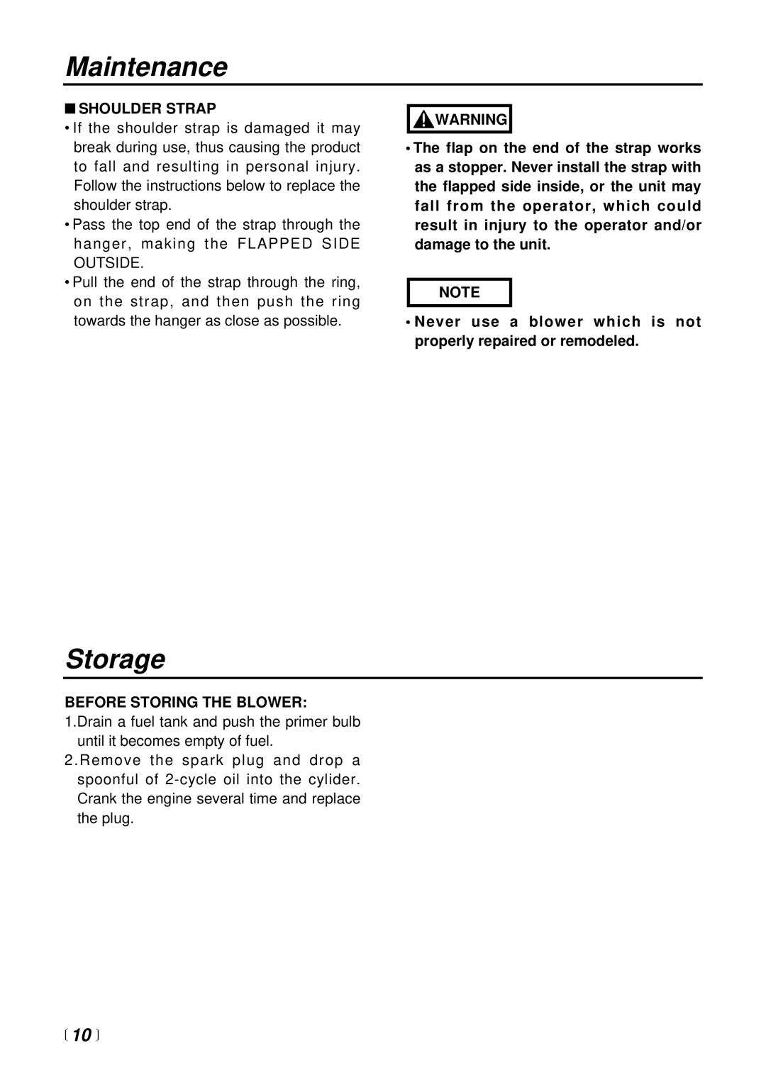 RedMax EB4300 manual Storage, Shoulder Strap, Before Storing the Blower 