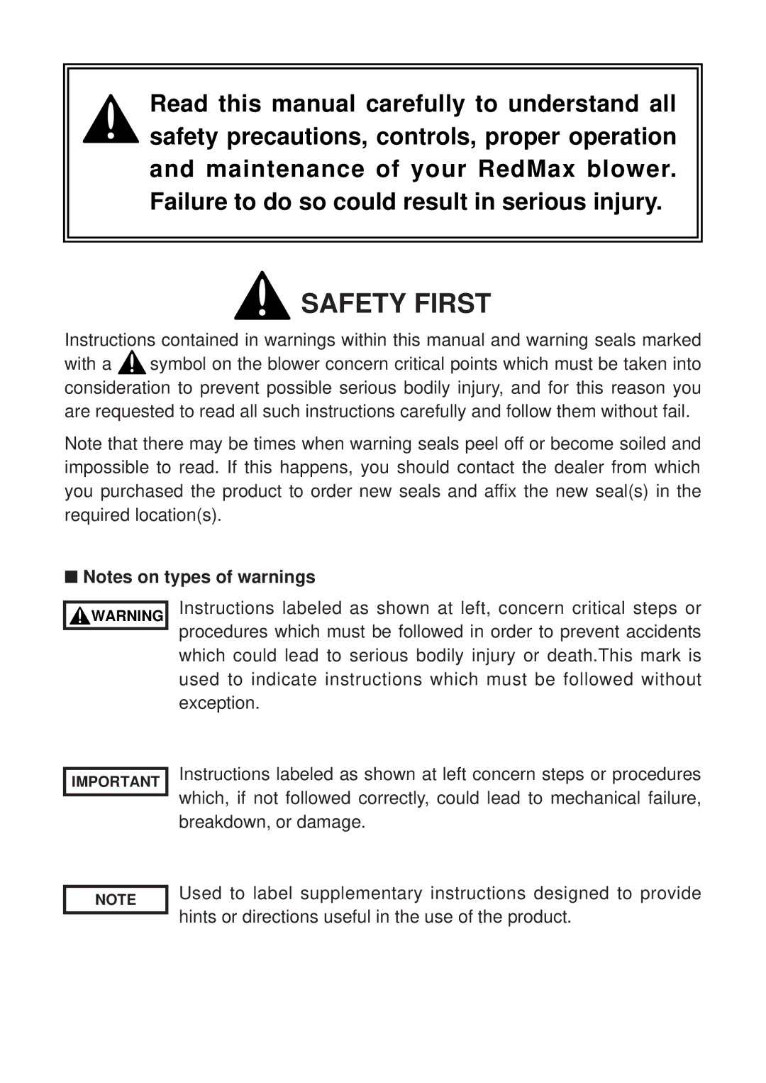 RedMax EB4300 manual Safety First 