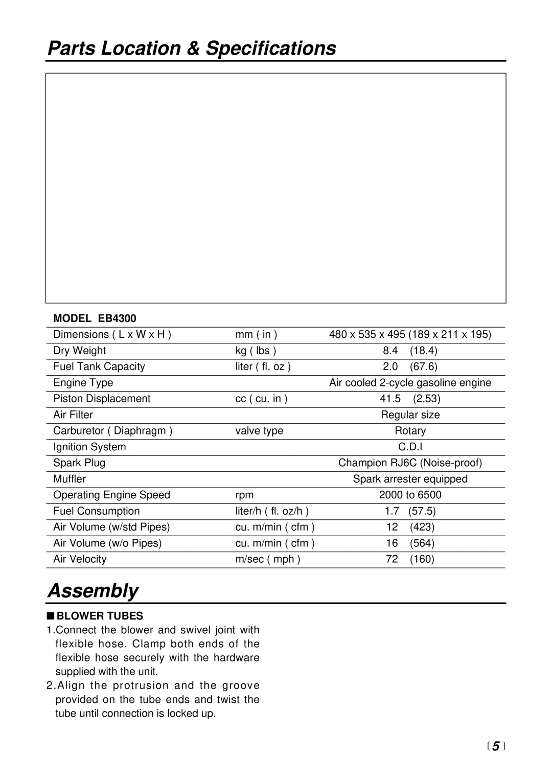 RedMax manual Parts Location & Specifications, Assembly, Model EB4300, Blower Tubes 