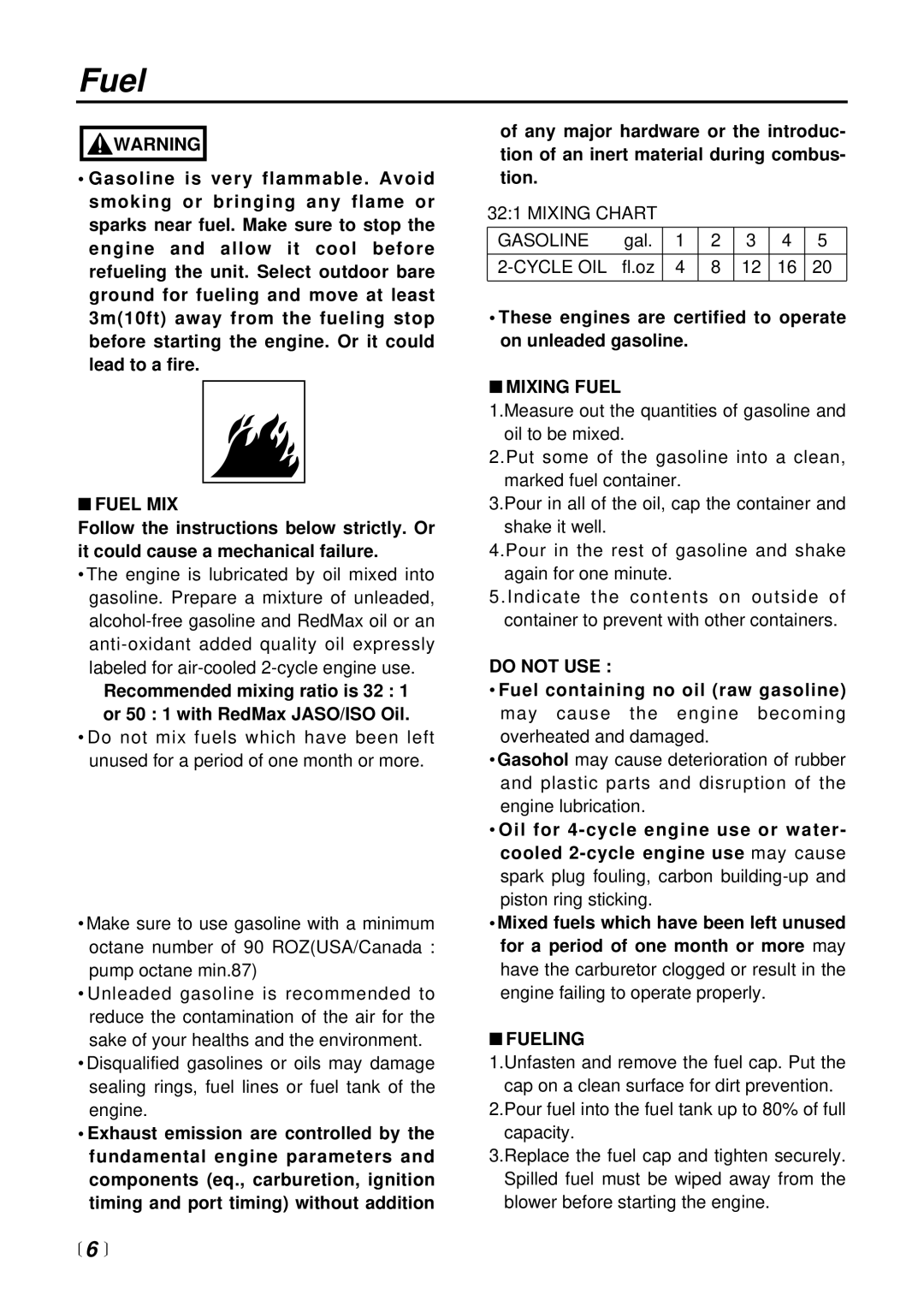 RedMax EB4300 manual Fuel MIX, Mixing Fuel, Do not USE, Fueling 