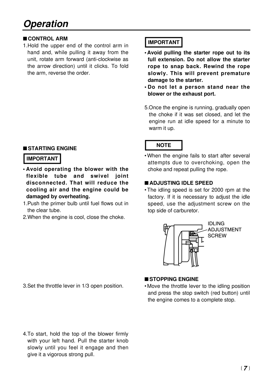 RedMax EB4300 manual Operation, Control ARM, Starting Engine Important, Adjusting Idle Speed, Stopping Engine 