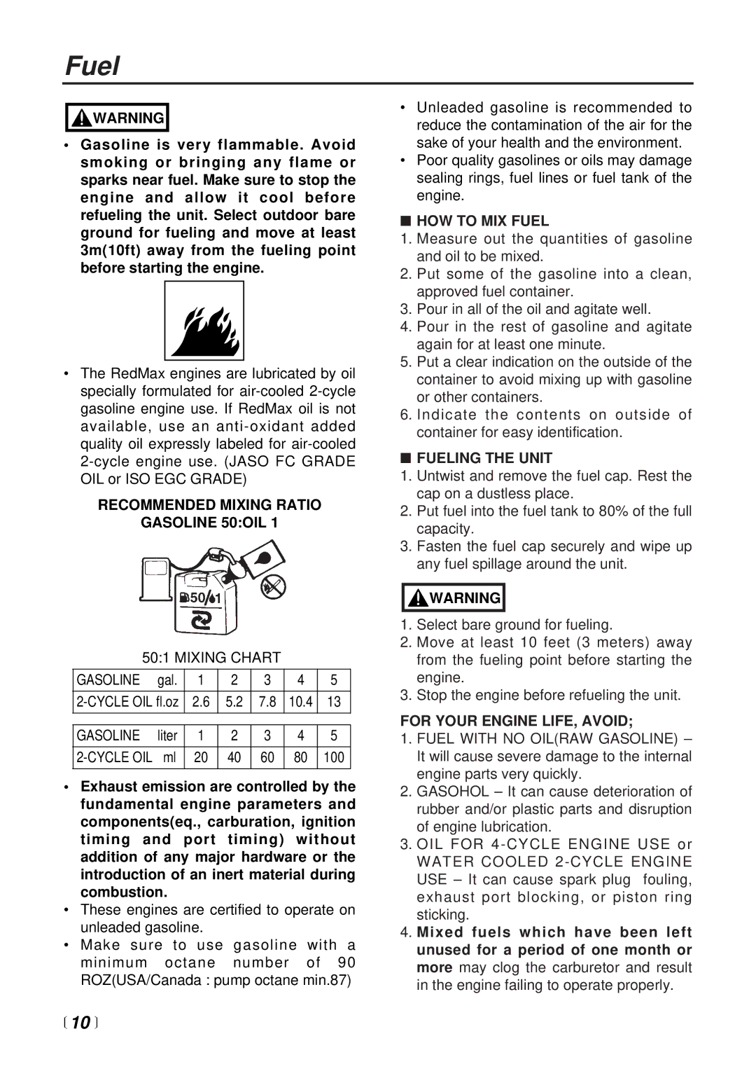 RedMax EB4400 Recommended Mixing Ratio Gasoline 50OIL, HOW to MIX Fuel, Fueling the Unit, For Your Engine LIFE, Avoid 