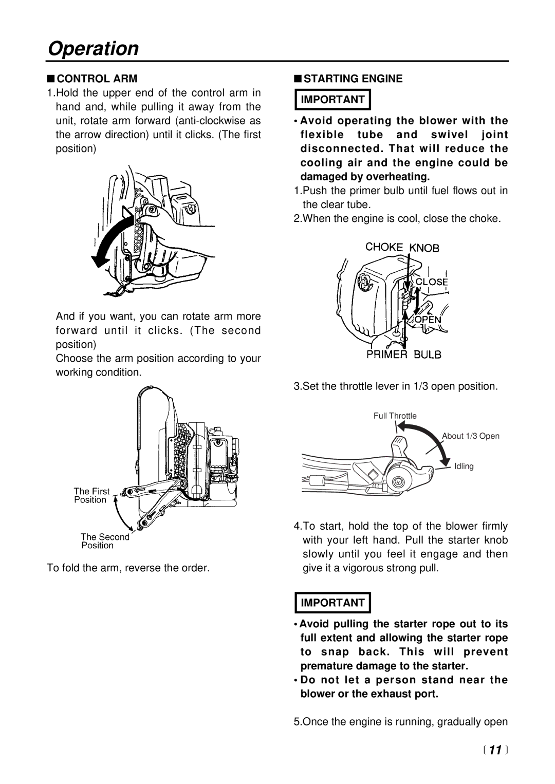 RedMax EB4400 manual Operation, Control ARM, Starting Engine Important 