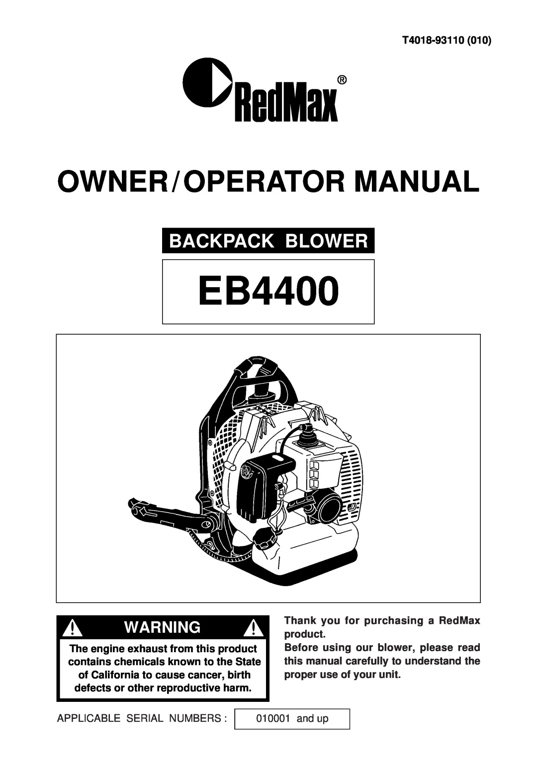RedMax EB4400 manual Backpack Blower, Owner / Operator Manual, T4018-93110, Thank you for purchasing a RedMax product 