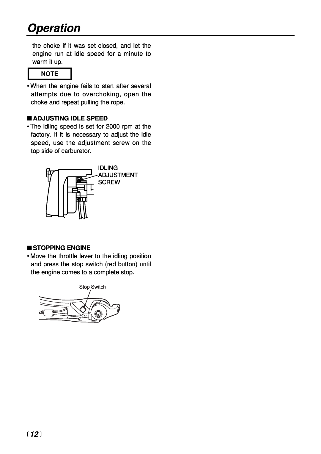 RedMax EB4400 manual Operation,  12 , Adjusting Idle Speed, Stopping Engine 