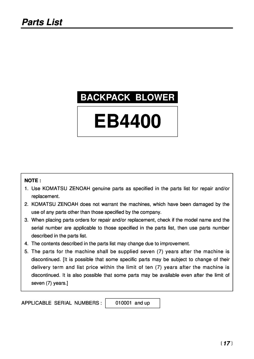 RedMax EB4400 manual Parts List, Backpack Blower,  17  