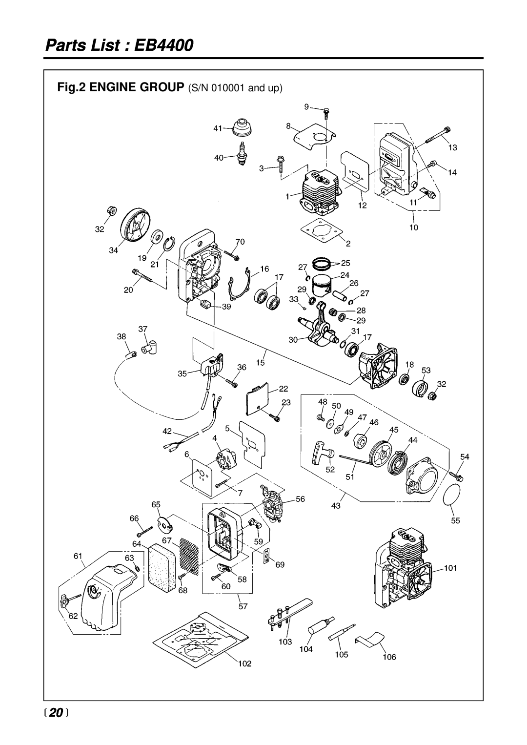 RedMax manual Parts List EB4400, ENGINE GROUP S/N 010001 and up,  20  