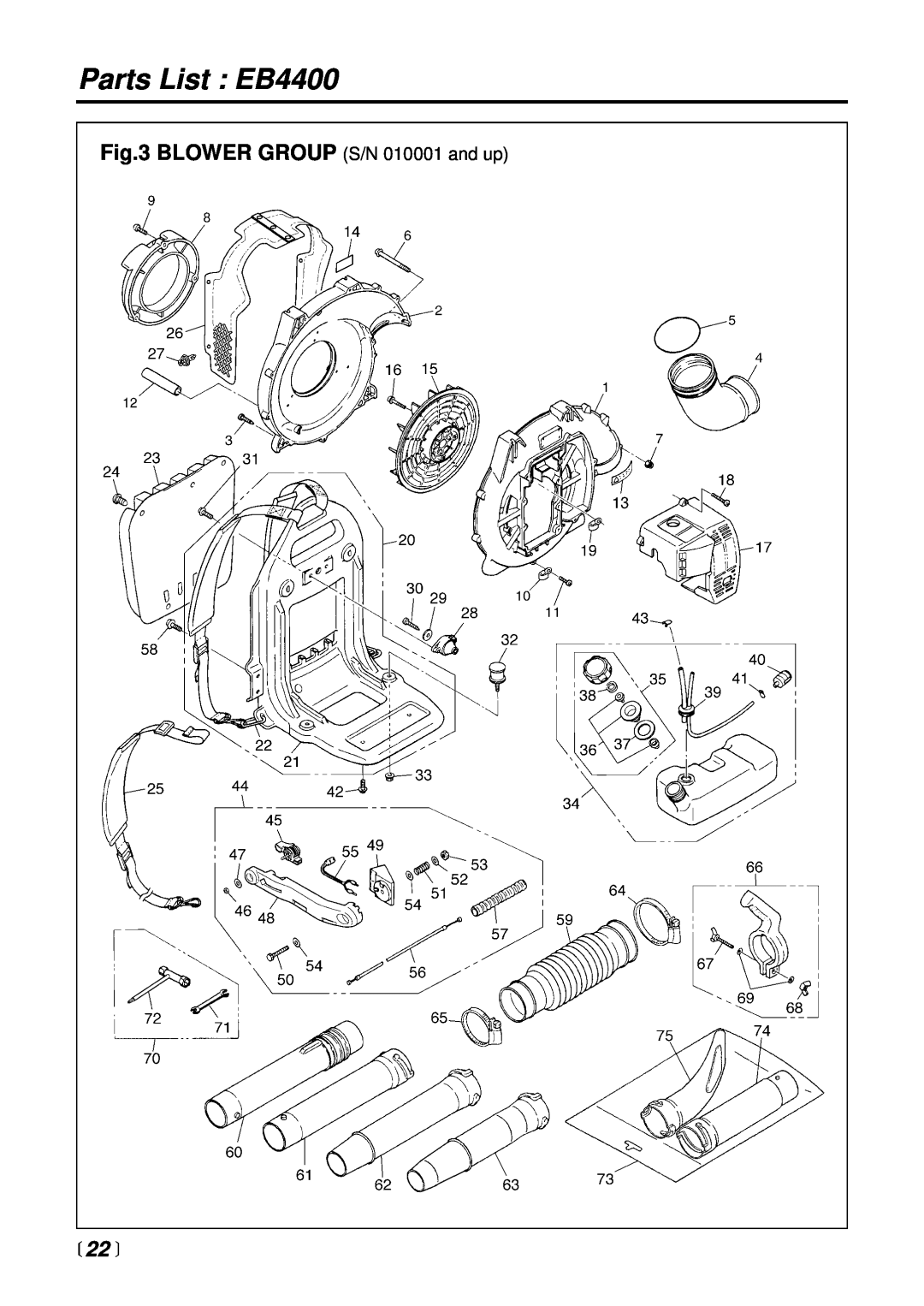 RedMax manual Parts List EB4400, BLOWER GROUP S/N 010001 and up,  22  