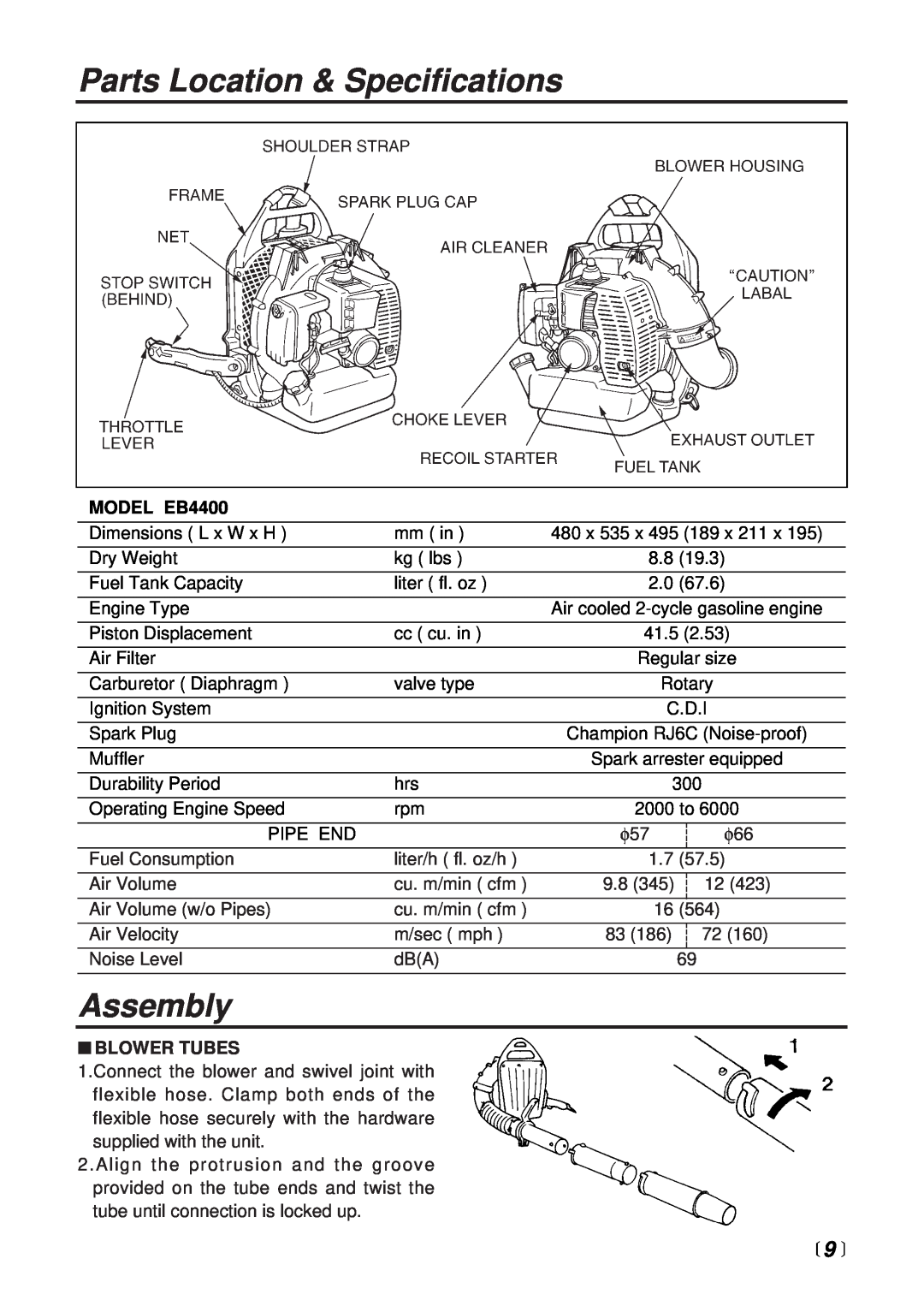 RedMax manual Parts Location & Specifications, Assembly,  9 , MODEL EB4400, Blower Tubes 