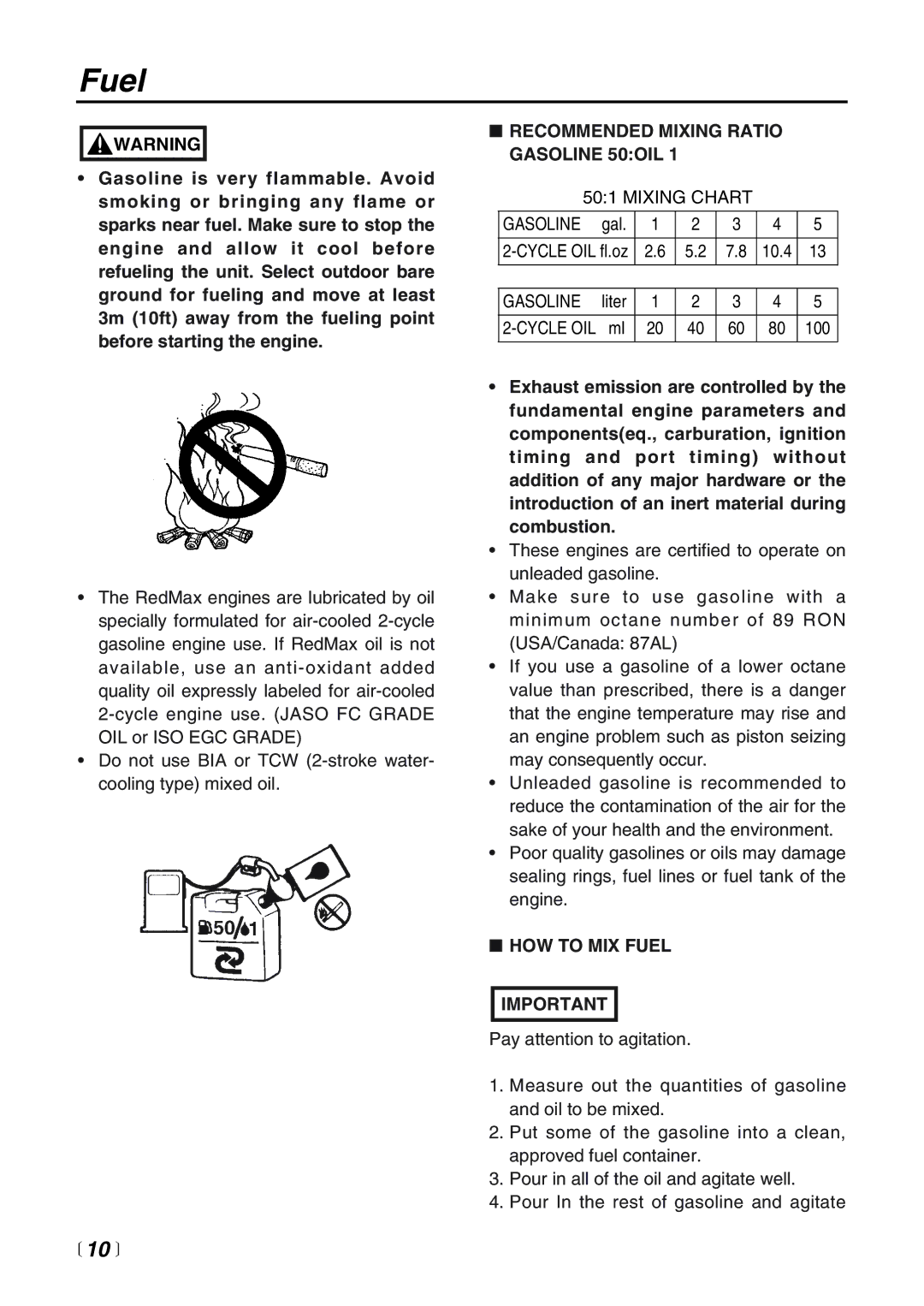 RedMax EB4401 manual Recommended Mixing Ratio Gasoline 50OIL, HOW to MIX Fuel 