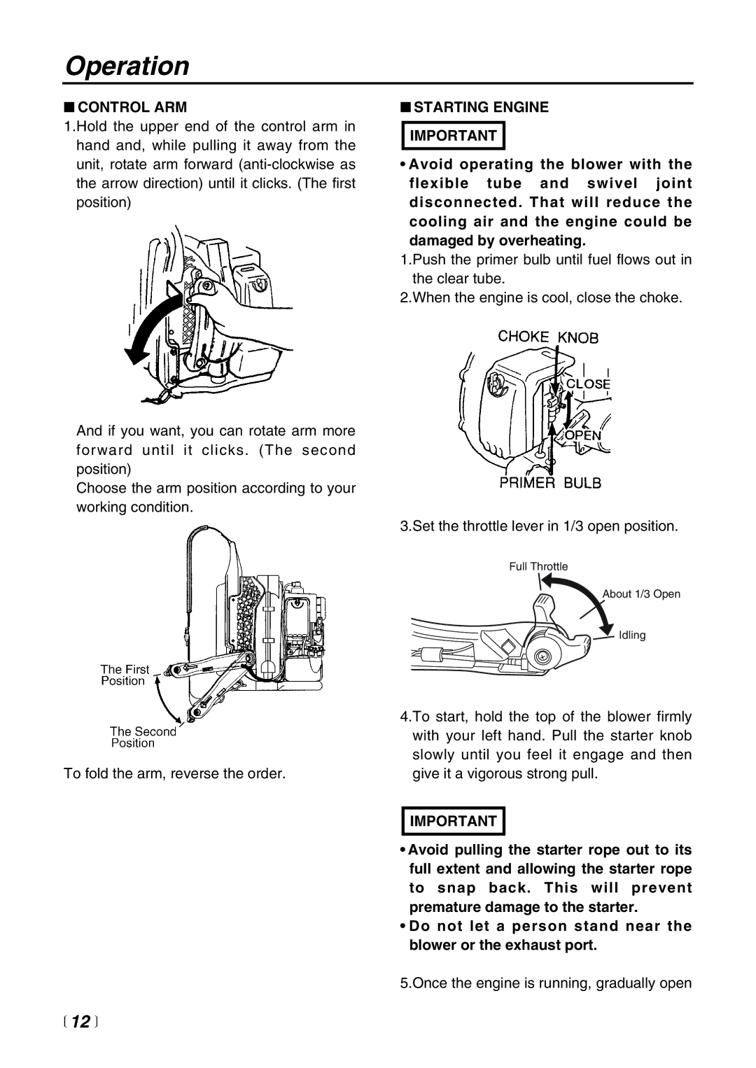 RedMax EB4401 manual Operation, Control ARM, Starting Engine Important 