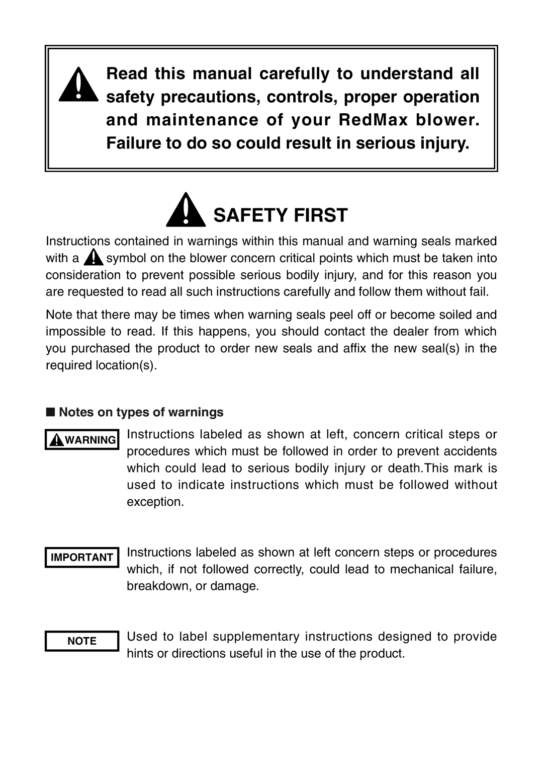 RedMax EB4401 manual Safety First 