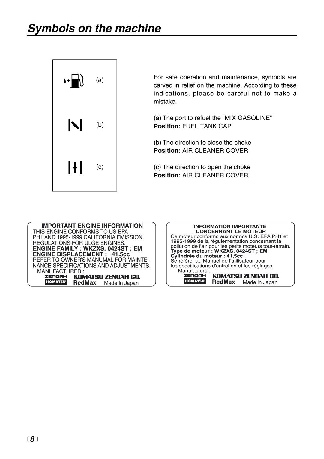 RedMax EB4401 manual Symbols on the machine, Important Engine Information 