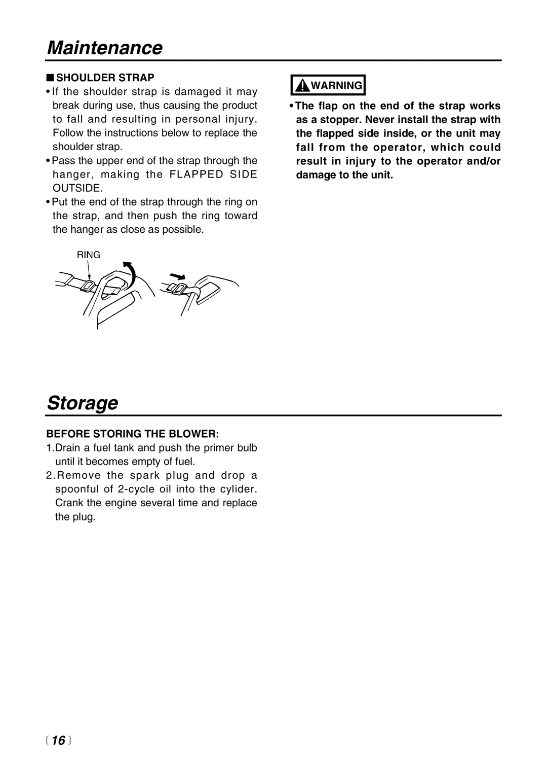 RedMax EB4401 manual Storage, Maintenance, 16 , Shoulder Strap, Before Storing The Blower 