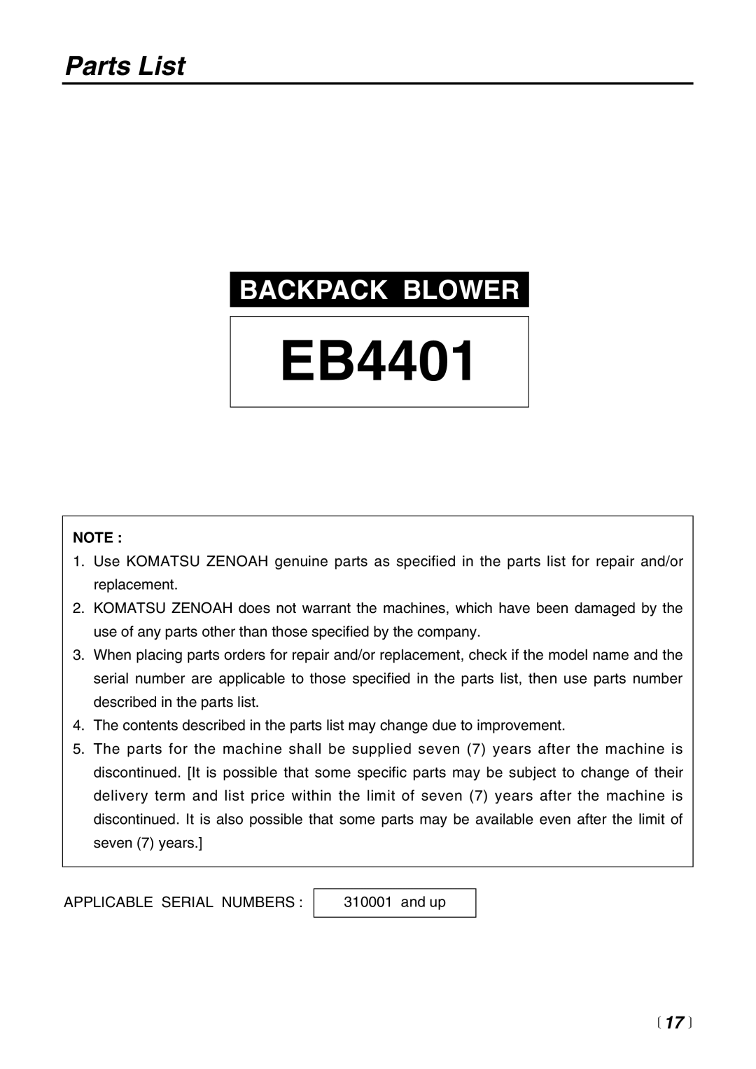 RedMax EB4401 manual Parts List, Backpack Blower, 17  