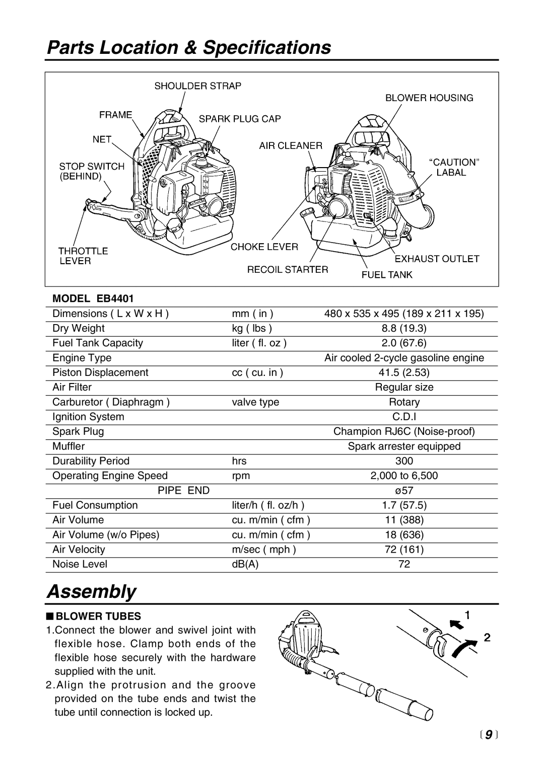 RedMax manual Parts Location & Specifications, Assembly, 9 , MODEL EB4401, Blower Tubes 
