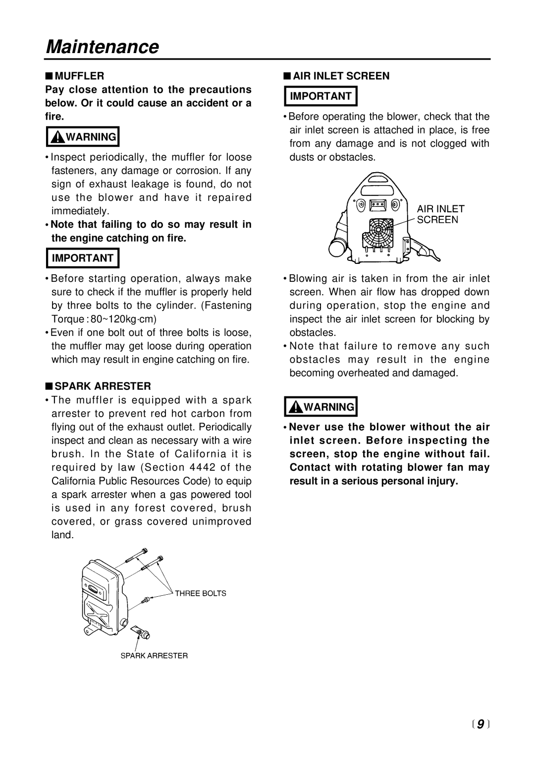 RedMax EB6200 manual Muffler, Spark Arrester, AIR Inlet Screen Important 