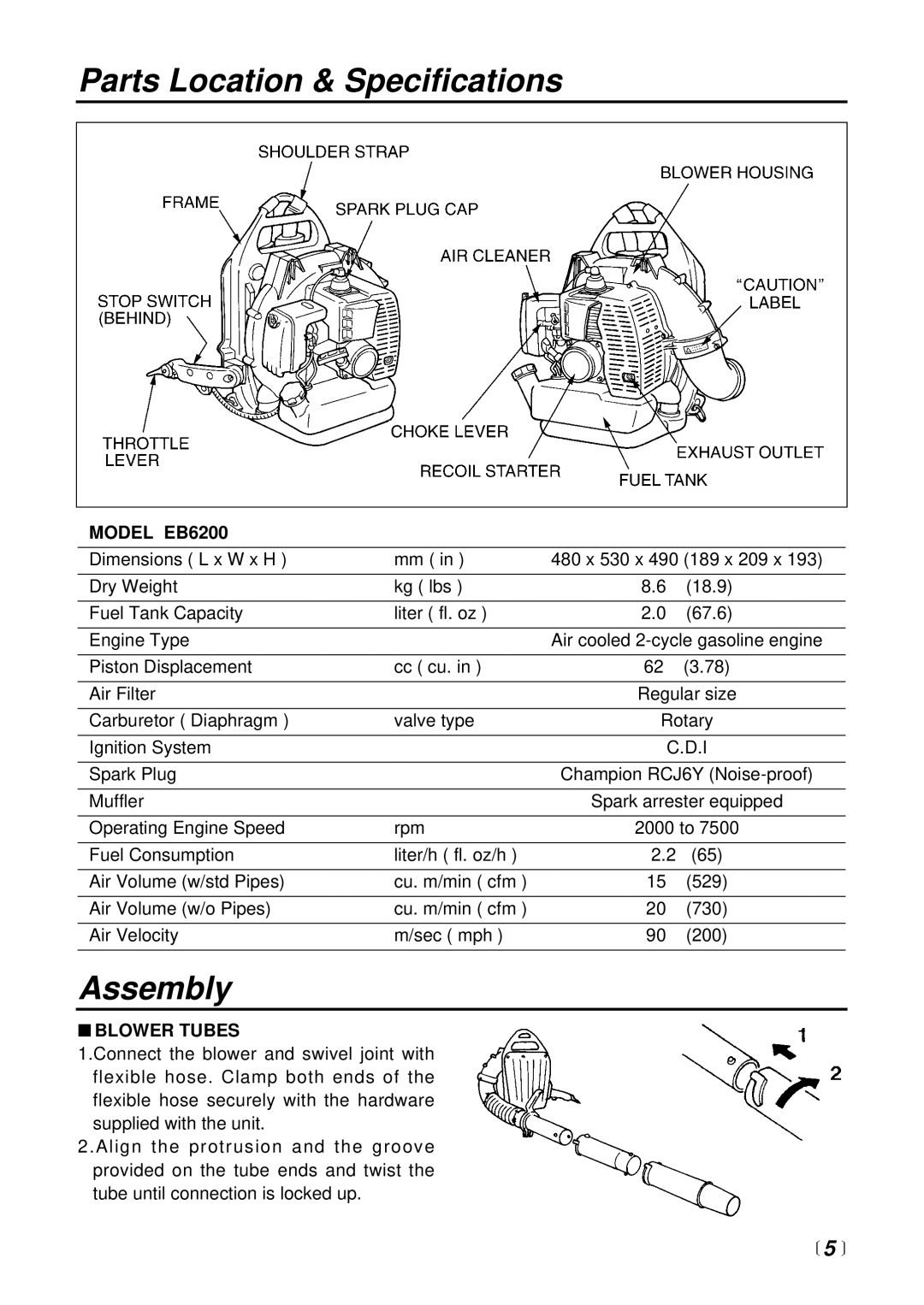 RedMax manual Parts Location & Specifications, Assembly, Model EB6200, Blower Tubes 