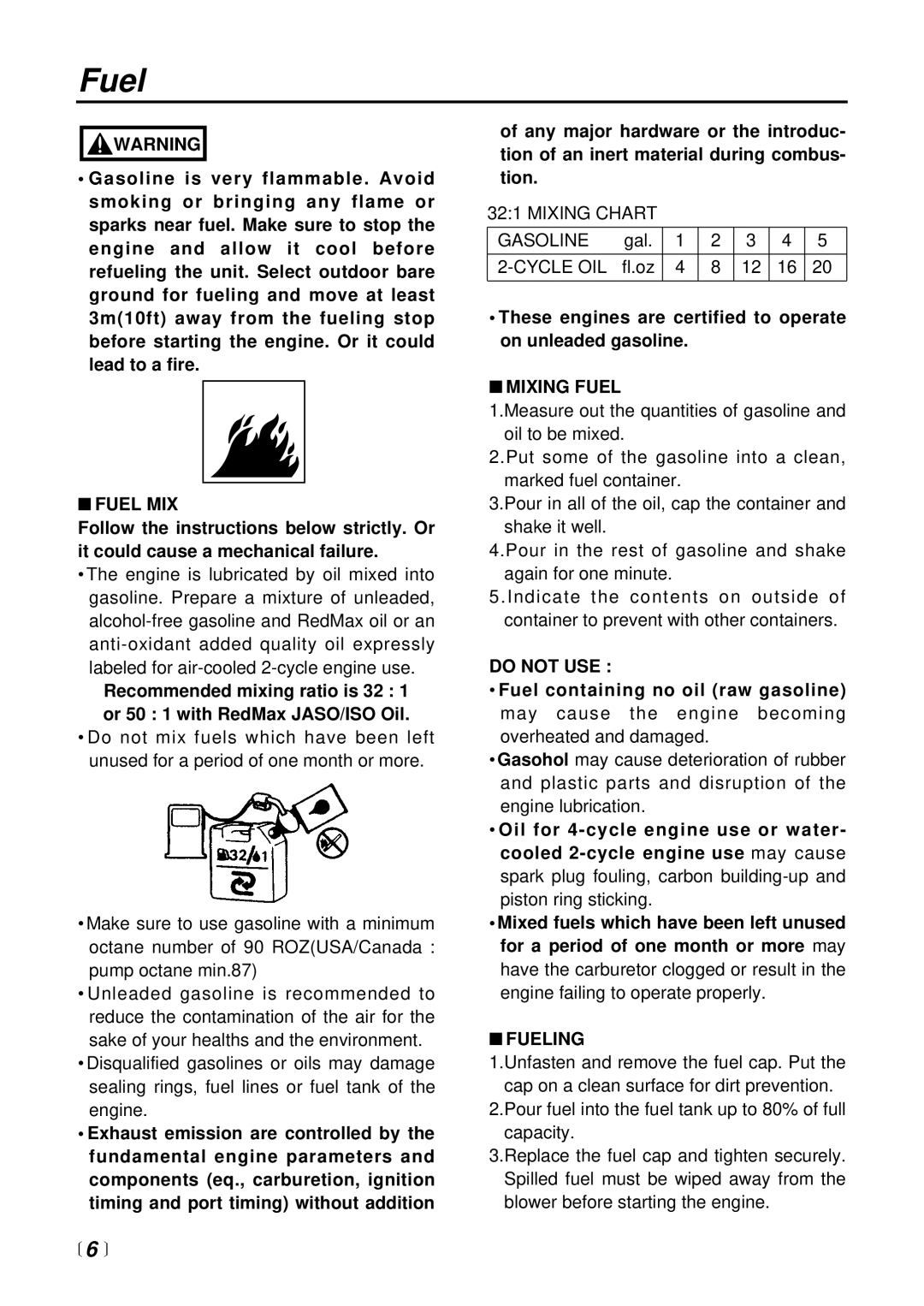 RedMax EB6200 manual Fuel MIX, Mixing Fuel, Do not USE, Fueling 