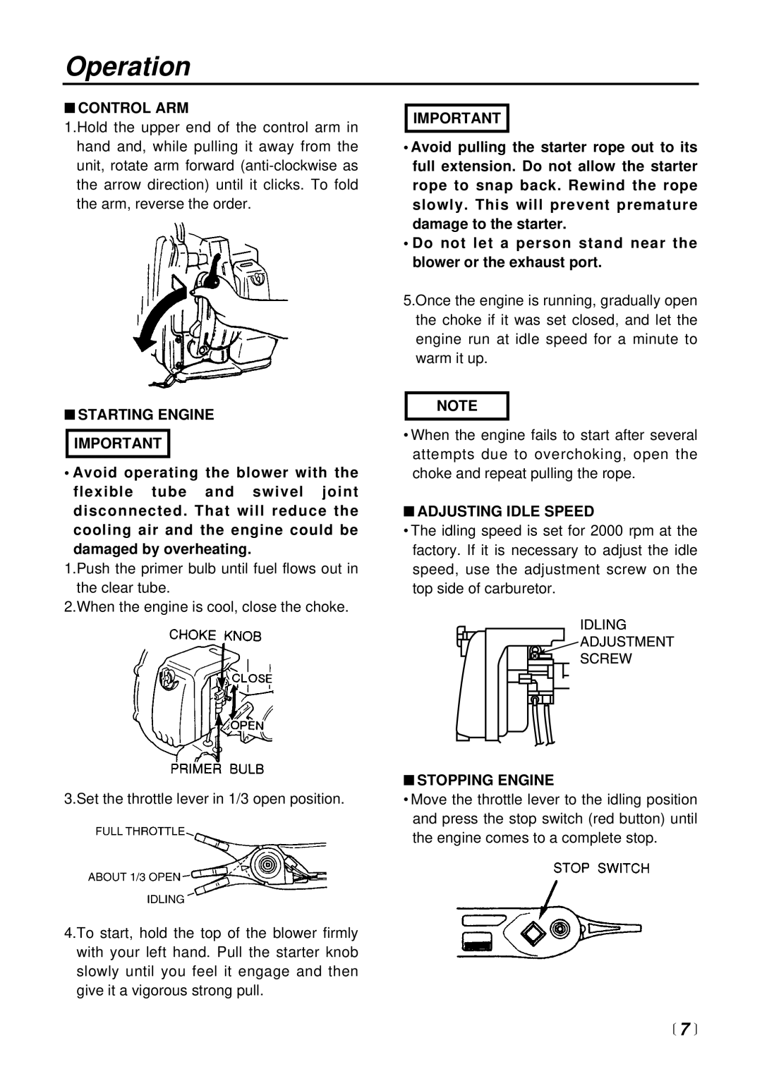 RedMax EB6200 manual Operation, Control ARM, Starting Engine Important, Adjusting Idle Speed, Stopping Engine 