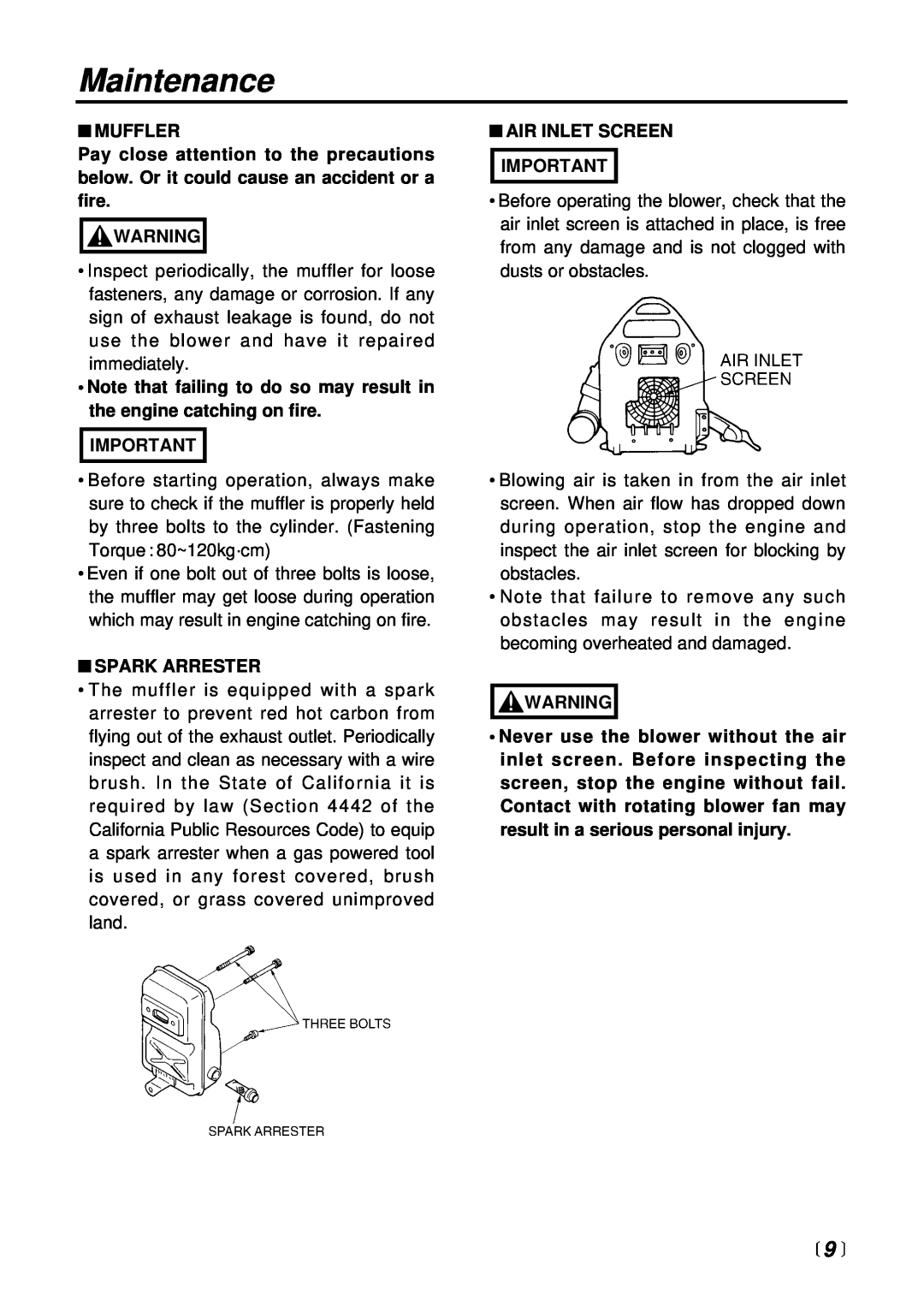 RedMax EB6200 manual Maintenance, 9 , Muffler, Spark Arrester, Air Inlet Screen Important 