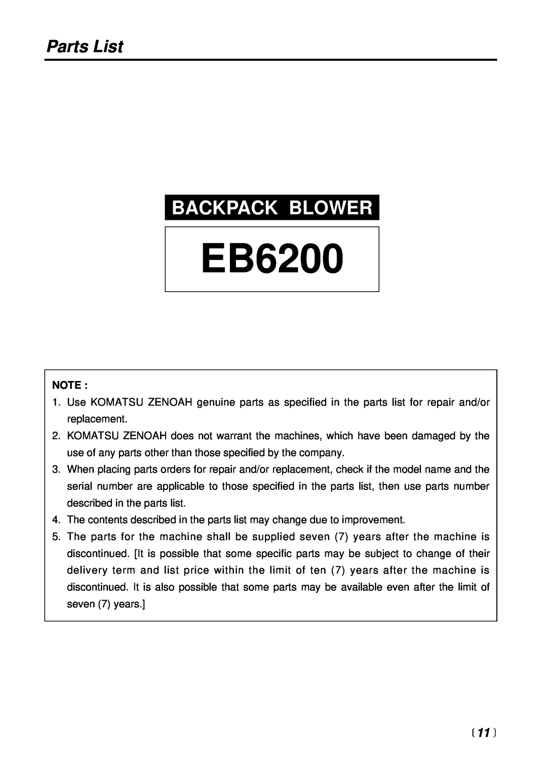 RedMax EB6200 manual Parts List, Backpack Blower, 11  